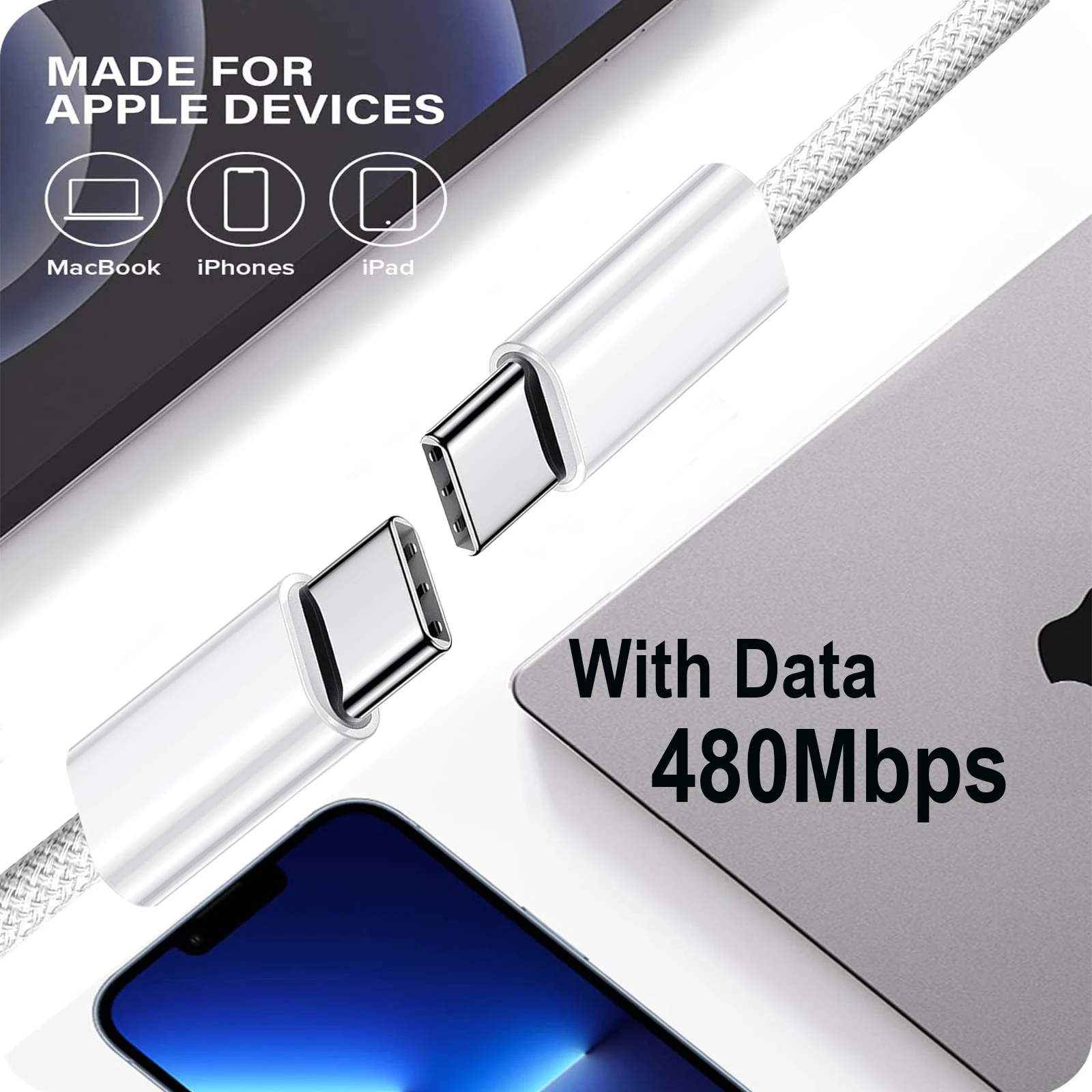 2pcs Type C Fast Charging Braided Cable for iPhone16/15 Pro Max, iPad Pro, Macbook Air Max PD60W, Android and other USB-C Device