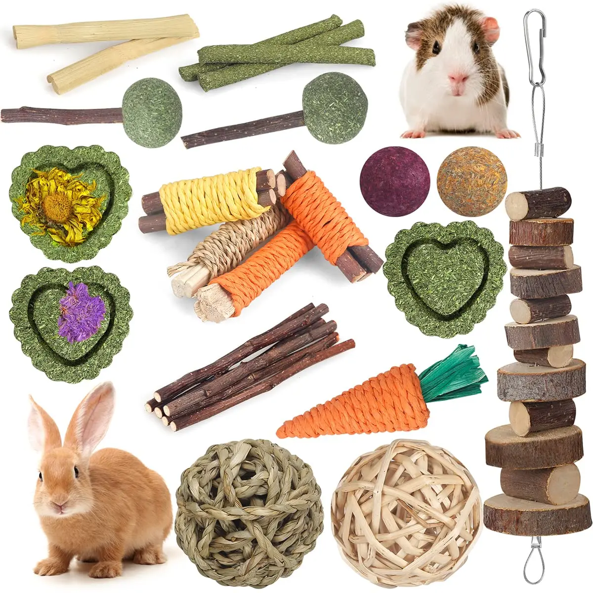 Rabbit Toys Guinea Pig Toys Hamster Toys Bunny Toys 18Pcs Natural Timothy Hay Sticks Apple Wood Sticks Chinchilla Toys for Teeth