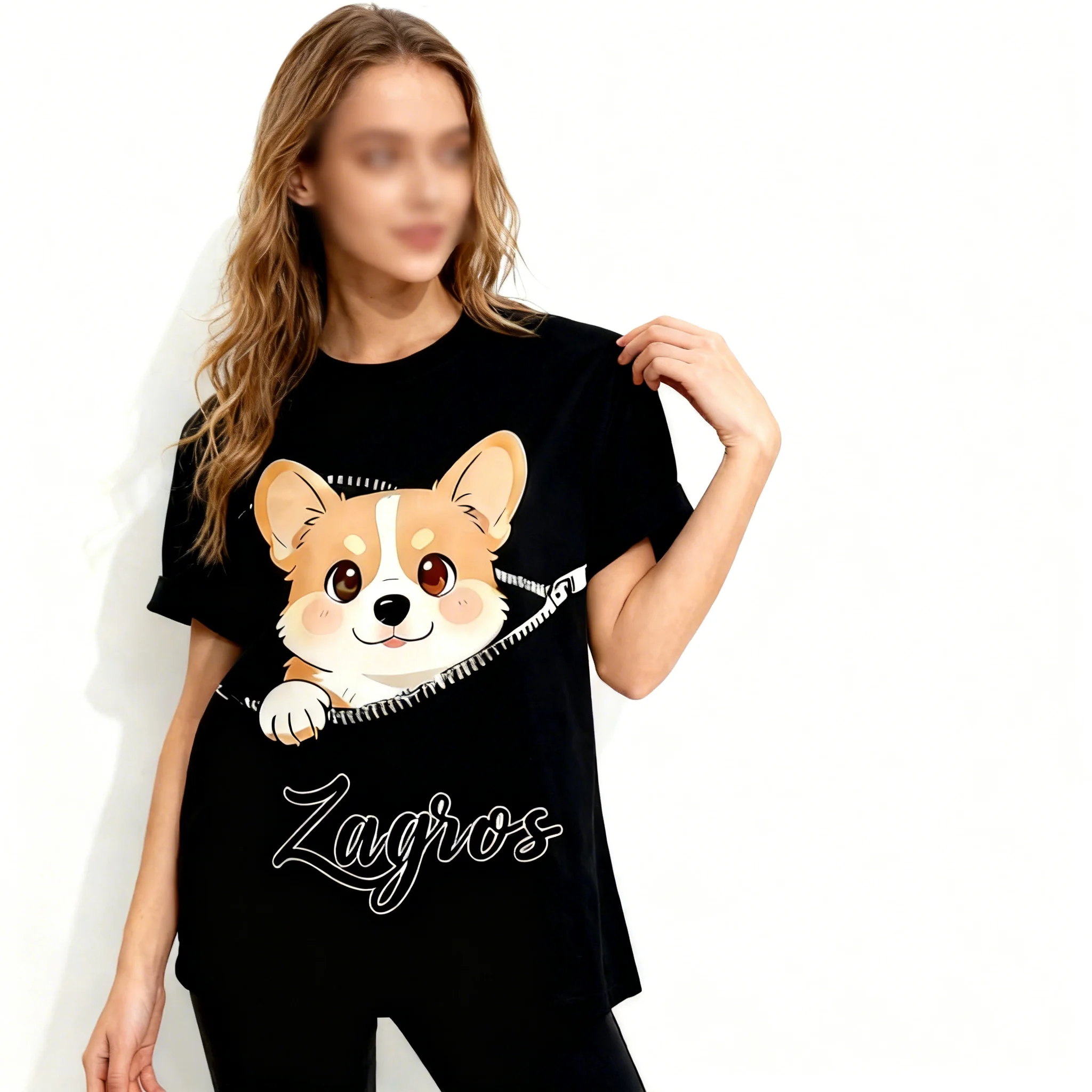 

Футболка женская с коротким рукавом Zagros Custom по вашему дизайну, с принтом милого корги, на молнии, в стиле Y2K, оверсайз, мягкая, трендовая, дышащая, из хлопка