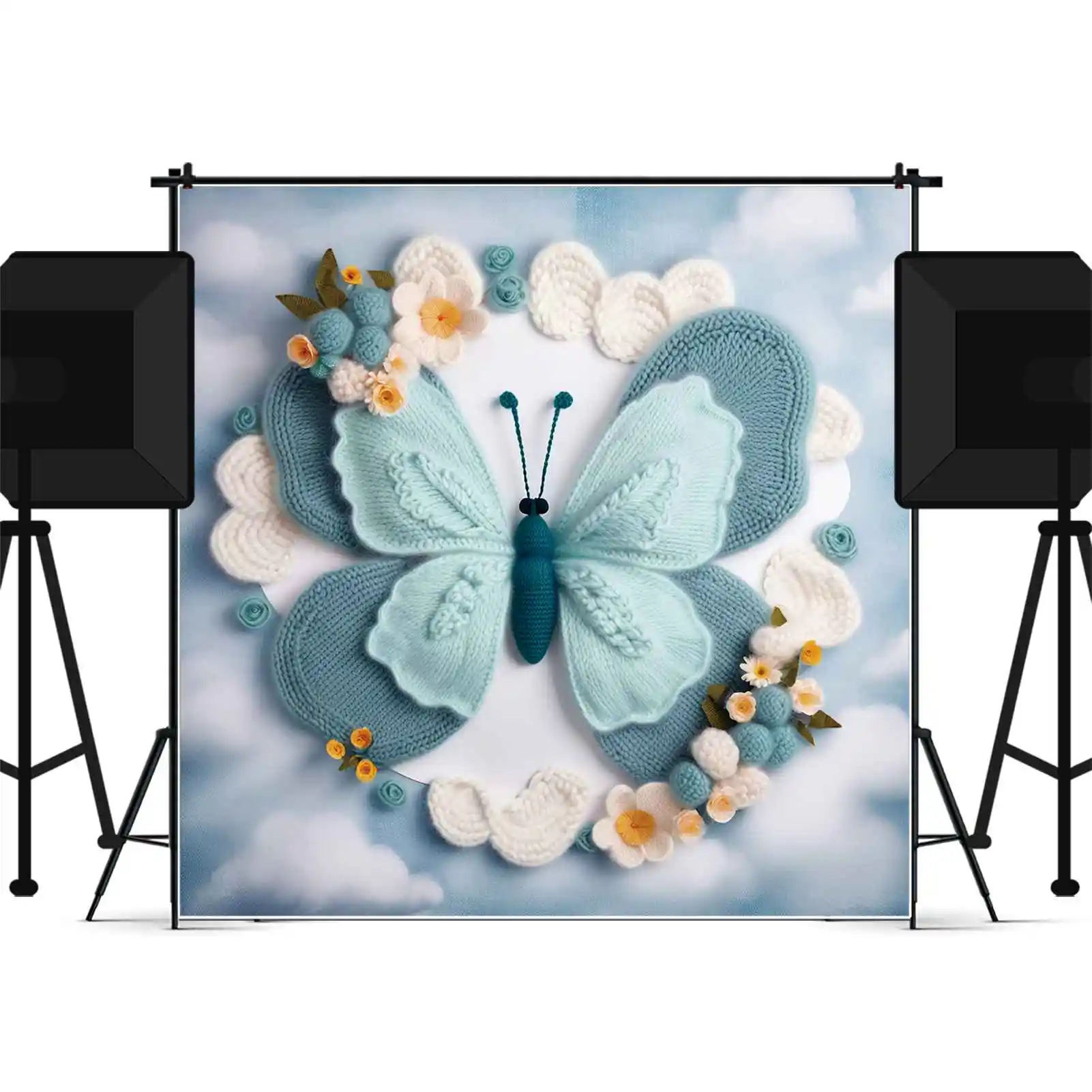 Фон для фотосъемки новорожденных с изображением Луны QG бабочки цветов облаков портретов розового и синего цвета