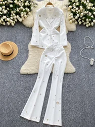 Quality Autumn White Two-piece Set Women Metal Buckle Blazer Suit Coats Skinny Flare Pants Suits 2pcs Outfits