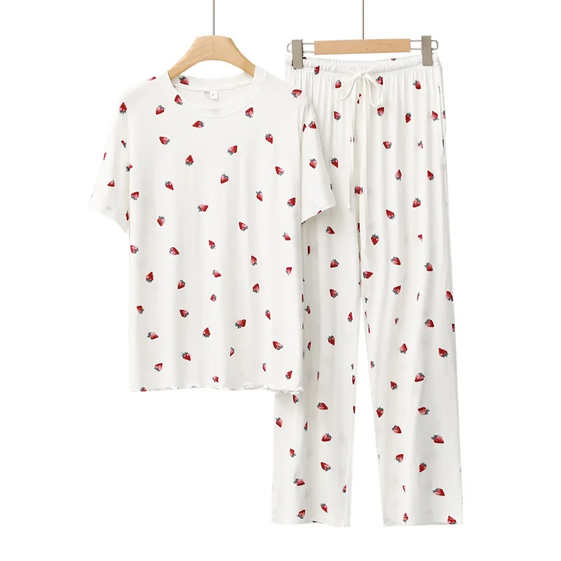 Japanese New Sweet Kawaii Strawberry Printed Pajamas Spring Summer Modal Soft Homewear Suit Loose Casual Femme 2 Piece Sleepwear