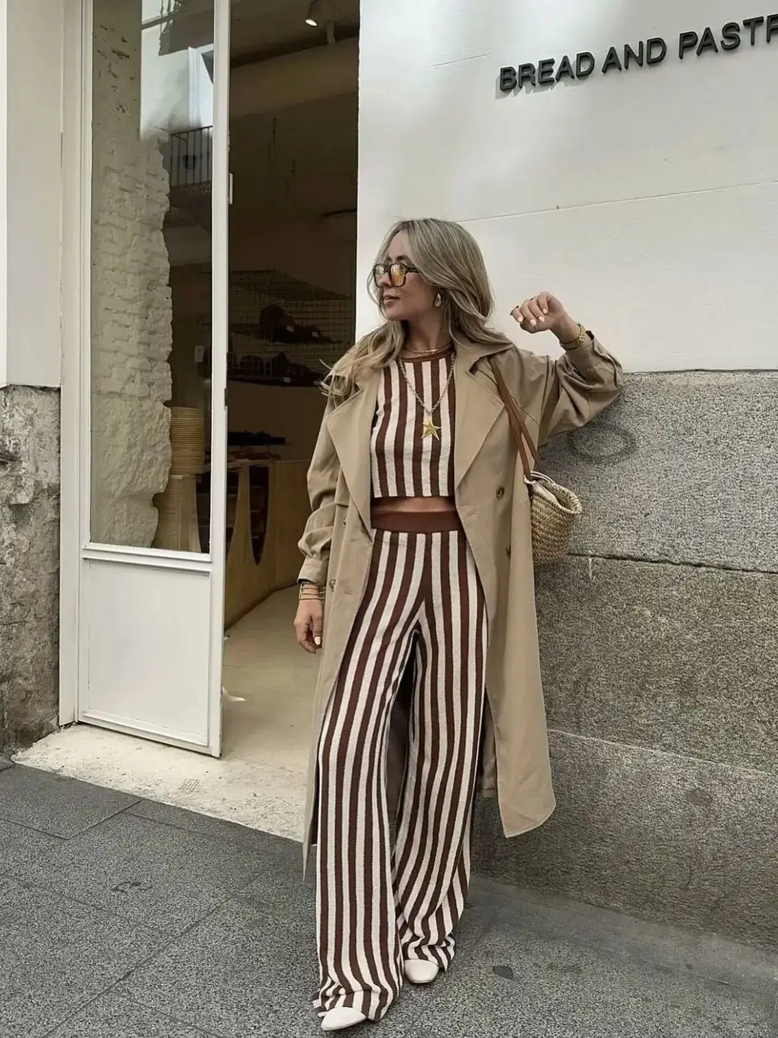 Striped Print Knitted Pant Suits Women O Neck Sleeveless Tank 2 Pieces Sets 2024 Fashion High Street Wide Leg Pant Outfits Suit