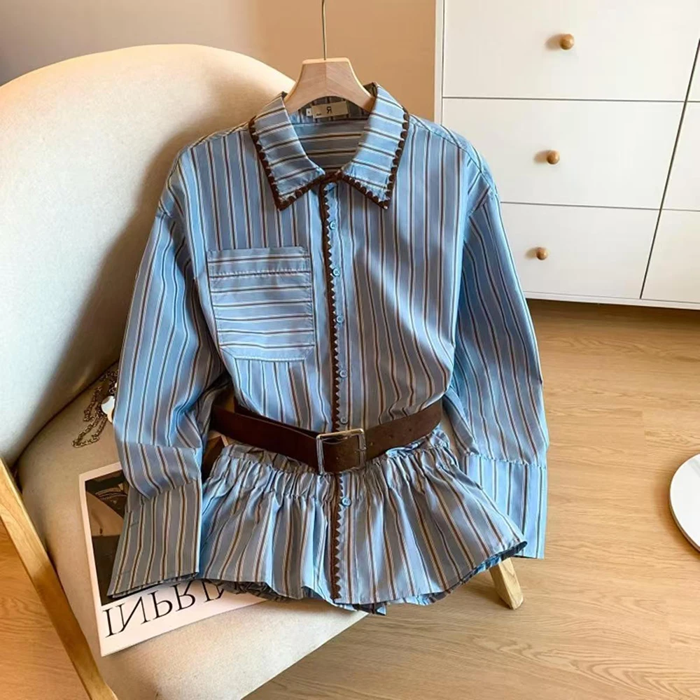 

Women Long Sleeve Blue Striped Shirts College Style Ruffles Hem Slim Single Breasted Shirt Tops with Belt Contrast Color Blouse