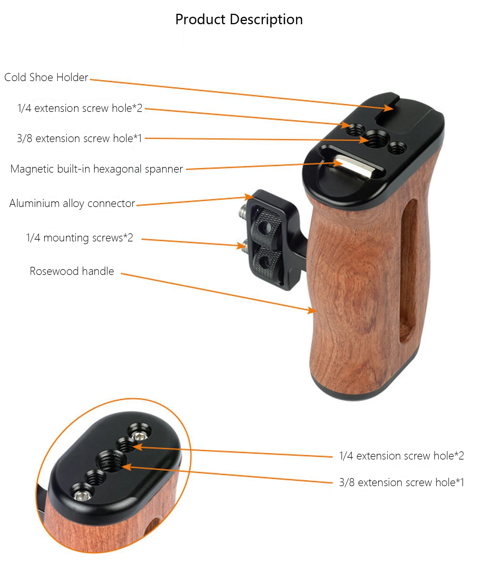 Universal Camera Cage Side Handle for Sony Canon Nikon Camera Cage Wooden Handle Grip Cold Shoe for Mic Video Light