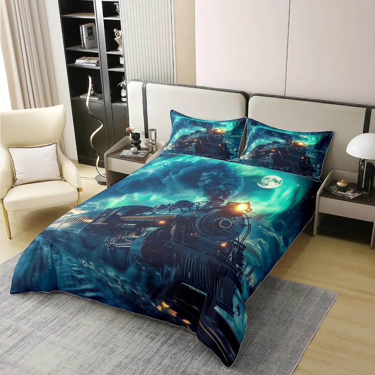 Vintage Steam Engine Duvet Cover Double Size Old Train Retro Locomotive Bedding Set With 2 Pillowcases Railway Track
