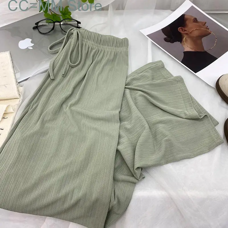 New Prink Knitted Wide Leg Pants for Women High Waisted Drawstring Korean Fashion Casual Pants Elegant Pants