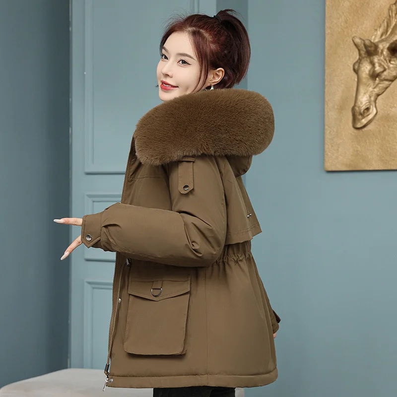 Chaqueta de invierno gruesa de algodón para mujer, abrigo acolchado cálido, Parkas informales, ropa con forro, Cuello de piel, prendas de vestir holgadas con capucha, novedad de 2023