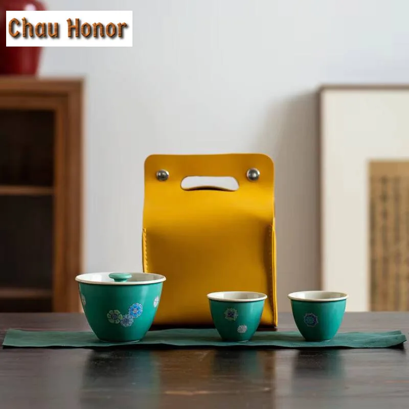 Turquoise Ceramic Travel Tea Set 1 Pot 2 Cups Tea Maker Portable Teapot Kung Fu TeaSet Teaware Outdoor Travel Tea Set Drinkware