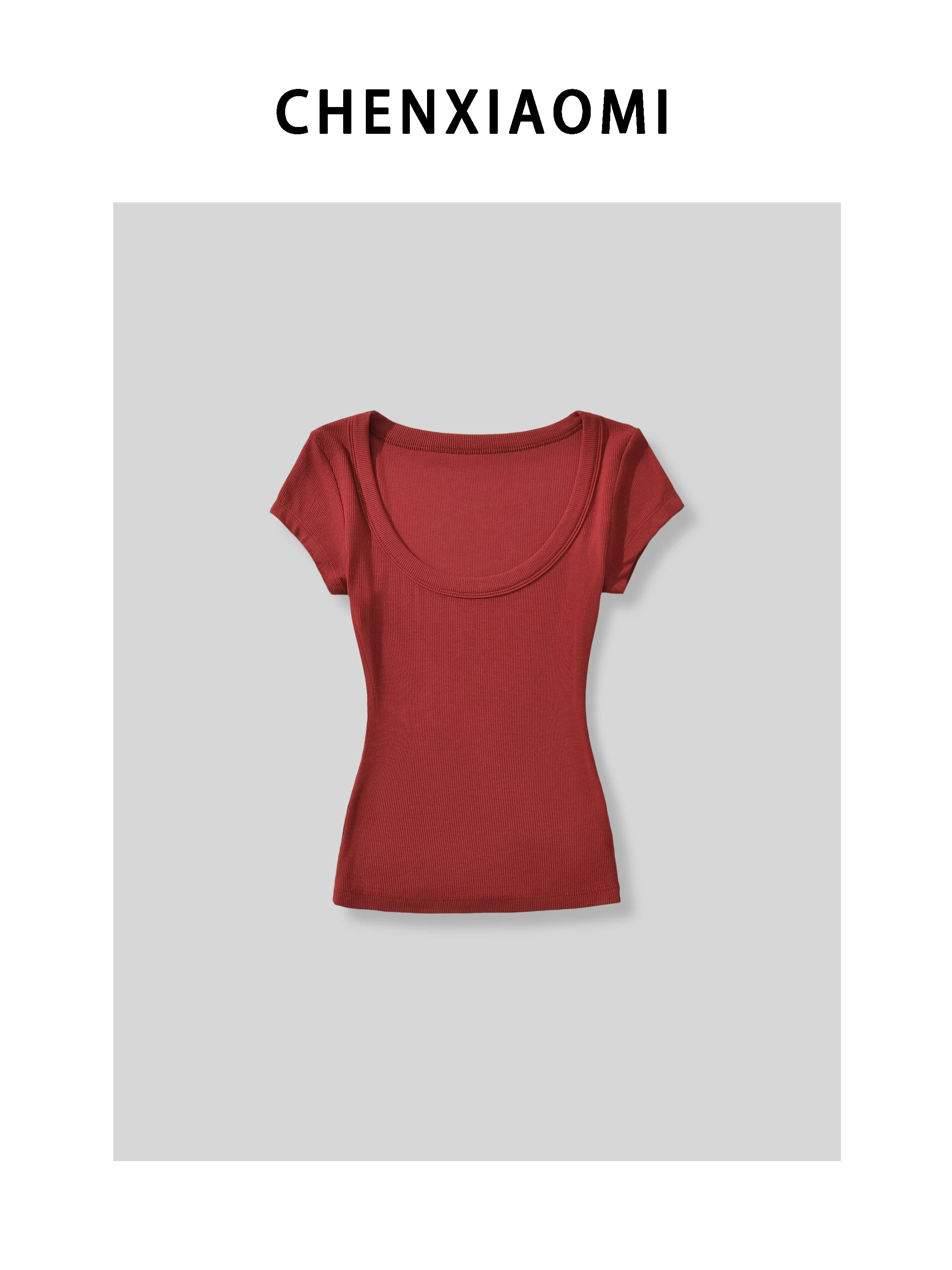 Hot-Pepper Girl Ribbed Square-Collar Waist-Corner Top Women's Casual Slim Fit Short Sleeve Striped T-Shirt Other Elastic Fiber