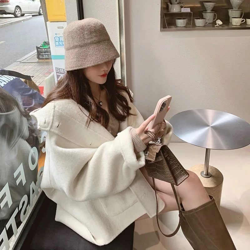 Blends Women Hooded Sweet French Style Hepburn Big Pockets Thicken Warm Simple Coats Fashionable All-match Outwear Chic Girl