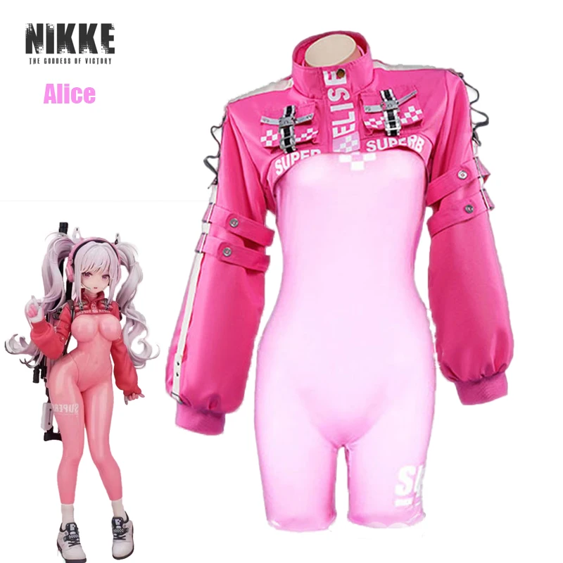 

NIKKE The Goddess of Victory Alice Cosplay Costume Game Anime Sexy Pink Uniform Latex Woman Jumpsuit Halloween Carnival Party