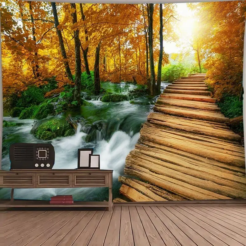 Fall Forest Tapestry Autumn Maple Leaves Wall Hanging Yellow Tree Natural Scenery Sunset Tapestries Nature River Jungle Path