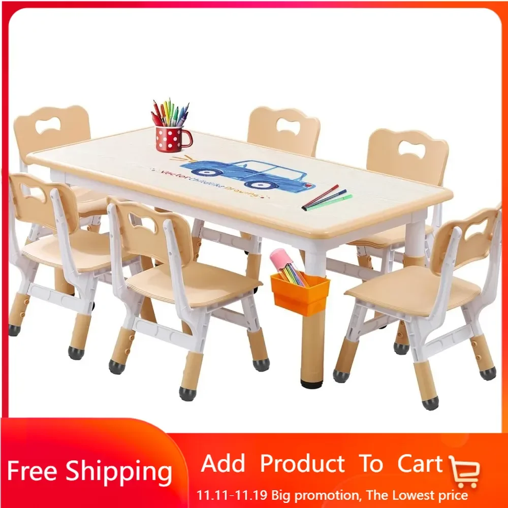 

Kids Table and Chair Set, Height Adjustable Toddler Table and 6 Chairs Set for Ages 2-12, Graffiti Desktop, Non-Slip Legs