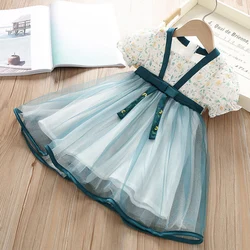 Summer Girls' Kid Clothes Baby Clothing Fragmented Flowers Sweet Square Neck Petal Sleeve Dress Princess Dress Baby Dress