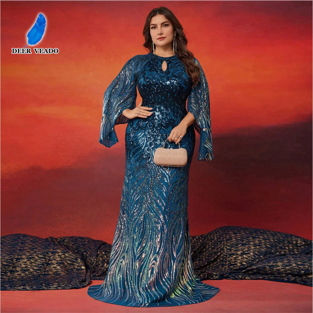 

DEERVEADO женские вечерние платья больших размеров с длинными рукавами Русалка с круглым вырезом и блестками вечернее платье для мероприятий вечерние платья