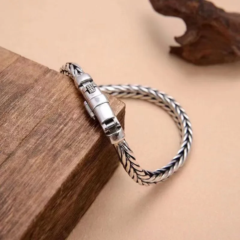 New S925 Sterling Silver Retro Thai Silver Simple Wind Hand Woven Bracelet Men's Versatile Bracelet Trend Hand Jewelry Bangle