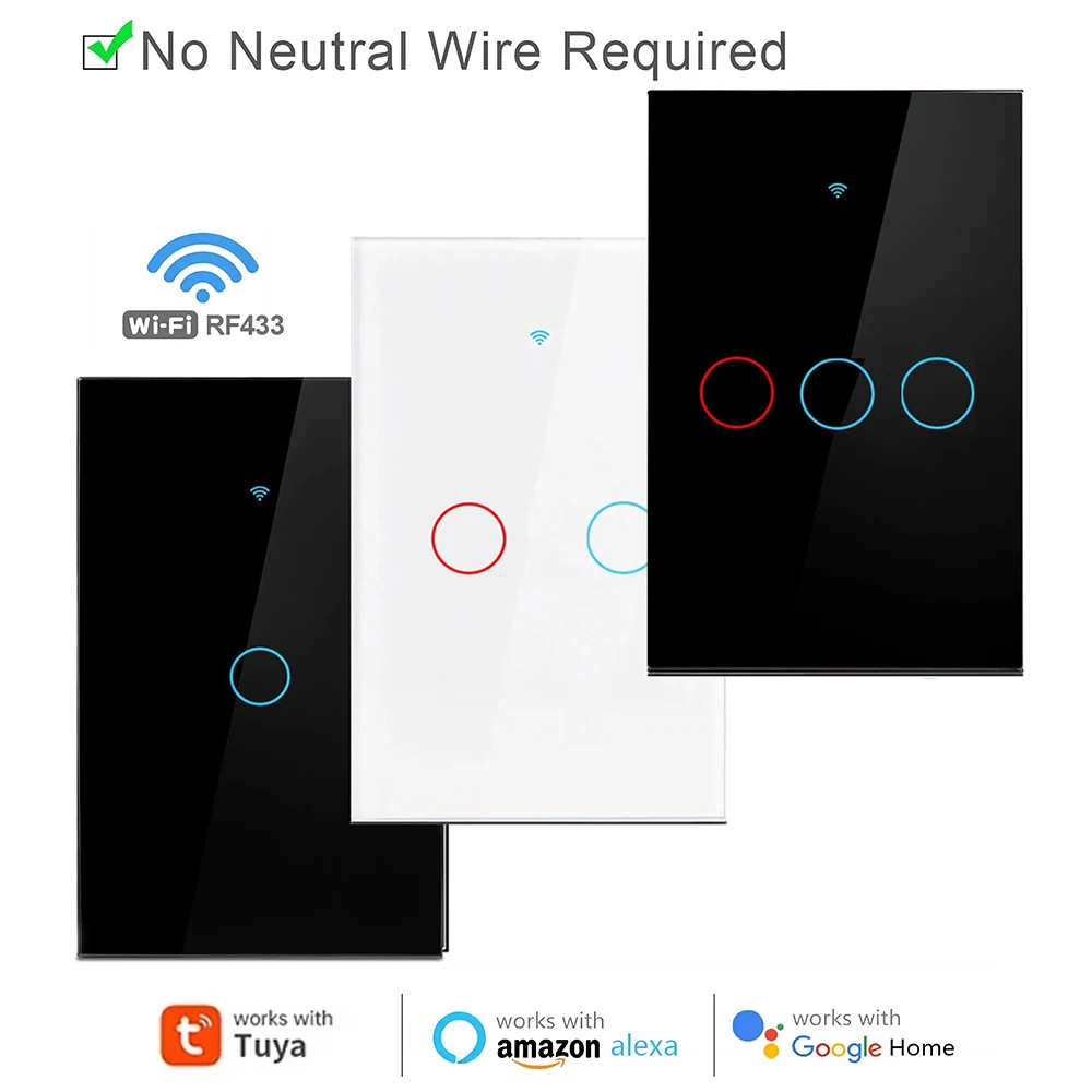 WiFi Smart Wall Touch Switch US Standard No Neutral Wire RF433MHz Remote Works with Tuya App Alexa Google Assistant 1/2/3 Gang