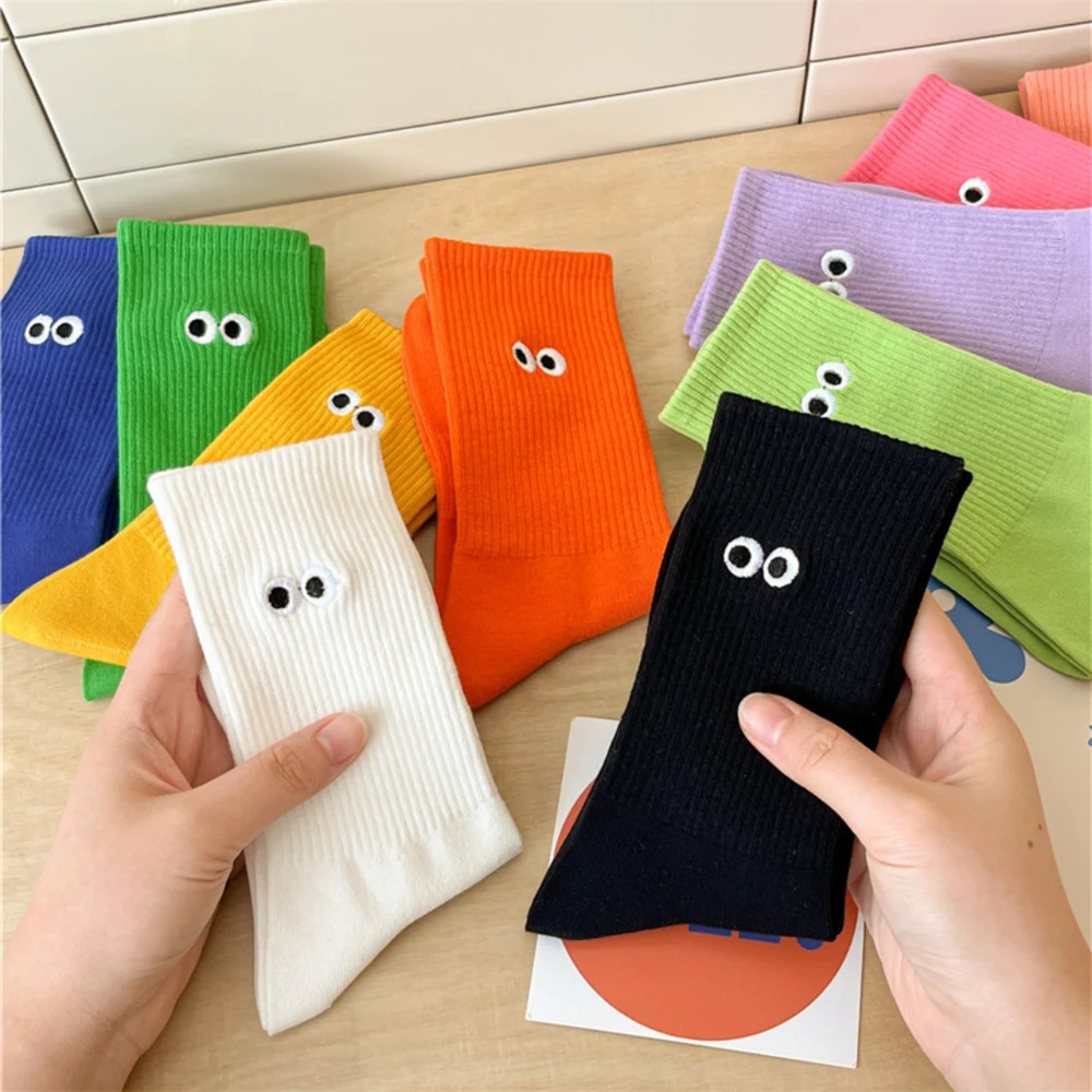 New Women\'s Embroidered Big Eyes Mid-Tube Socks Ins Trendy Colorful Cartoon Cute Soft Cotton Sports Sokken Dropship