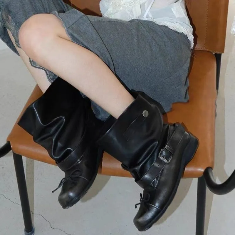 New Western Style Knight Boots Women's Retro Block Heel Round Toe Buckle Decorated Mid-Suit Leather Shoes