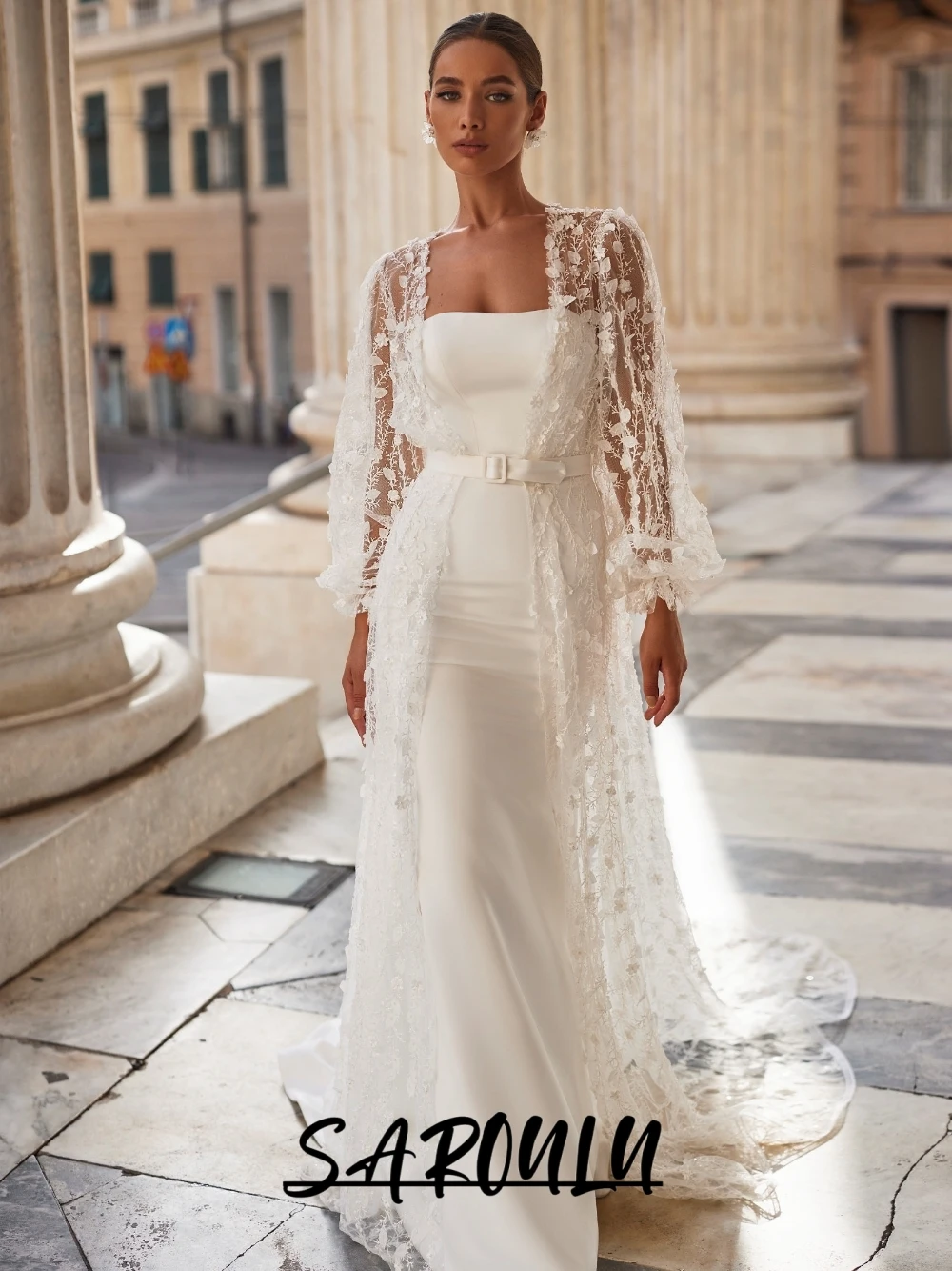 

Luxury 2026 Wedding Dress Set, Strapless Satin Mermaid Bridal Gown With Detachable Lace Cape, Customized Floral Dreamy Wear