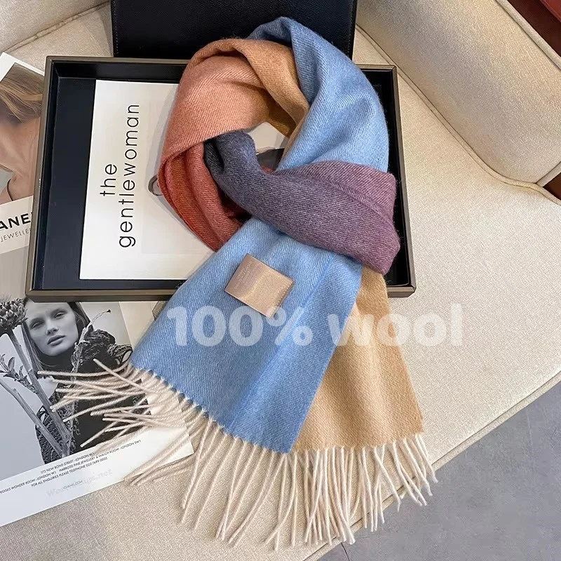 

100% Wool Winter Scarf For Women Long Warm gradient Scarves Hijab Solid Lady Shawl Wrap Female Pashmina Bandana Head Scarfs New