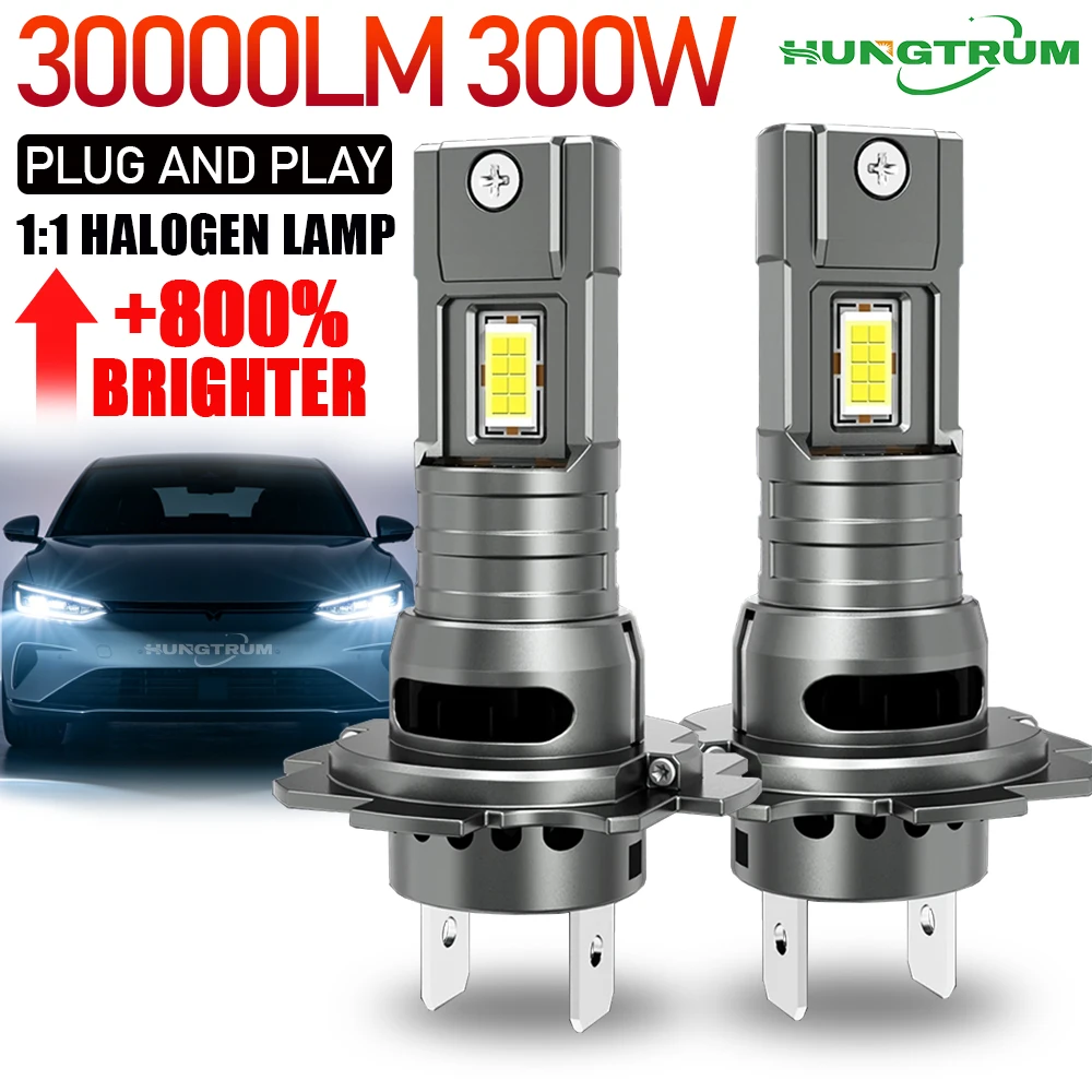 Farol LED H7 CANBUS 30000LM com Chips CSP 7035, Tamanho MINI 1:1, Plug and Play, Lâmpada Automotiva 6000K, Luz de Neblina Turbo Sem Fio com Ventilador 12V