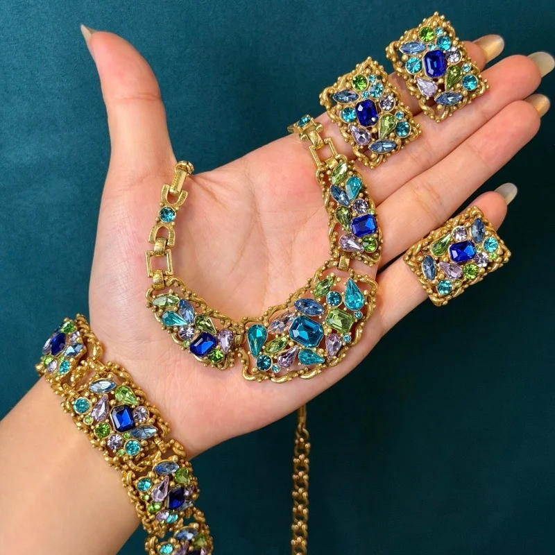 Vintage Alien Colorful Crystal Rectangle Jewelry Sets Luxury Natural Stone For Woman Necklace Earrings Bracelet Ring Brands Gift