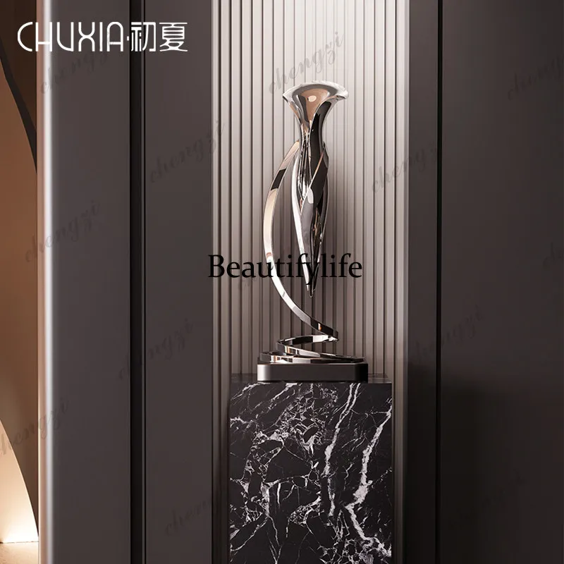 Modern light luxury stainless steel sculpture floor-to-ceiling ornament model room entrance niche abstract art installation