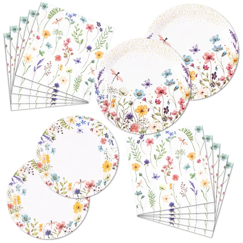 Wildflower Partyzubehör, Pappteller und Servietten, Einweg-Blumenmuster, Blumenmuster, Babyparty, Geburtstag, Geschirr, Dekorationen