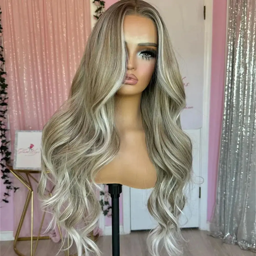 

Предварительно выщипанные темные корни, мелирование, пепельно-русый цвет, парик из синтетических волос для женщин, 13x4, термостойкое волокно, фронтальный парик шнурка