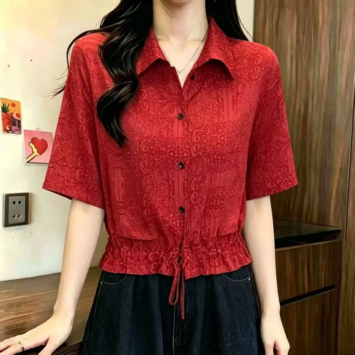 New Chinese Jacquard Shirt Women Coat Summer Lapel Short Sleeve Waist Drawstring Overwear Retro Hong Chiffon Outcoat
