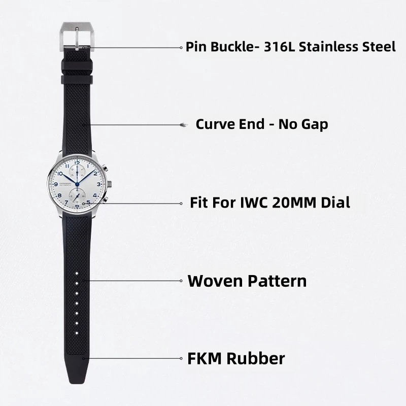 Correa de reloj de goma FKM de 20mm para IWC, serie portuguesa, diseño de extremo curvo, ajuste para reloj, hebilla perfectamente y hebilla plegable a elegir