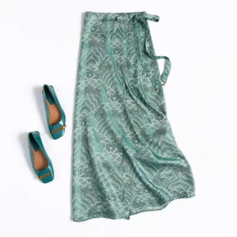 

High Waist Lace Up Green Satin Silk Skirt Women Luxury Floral Print Soft Comfortable Split Midi Skirt Chinese