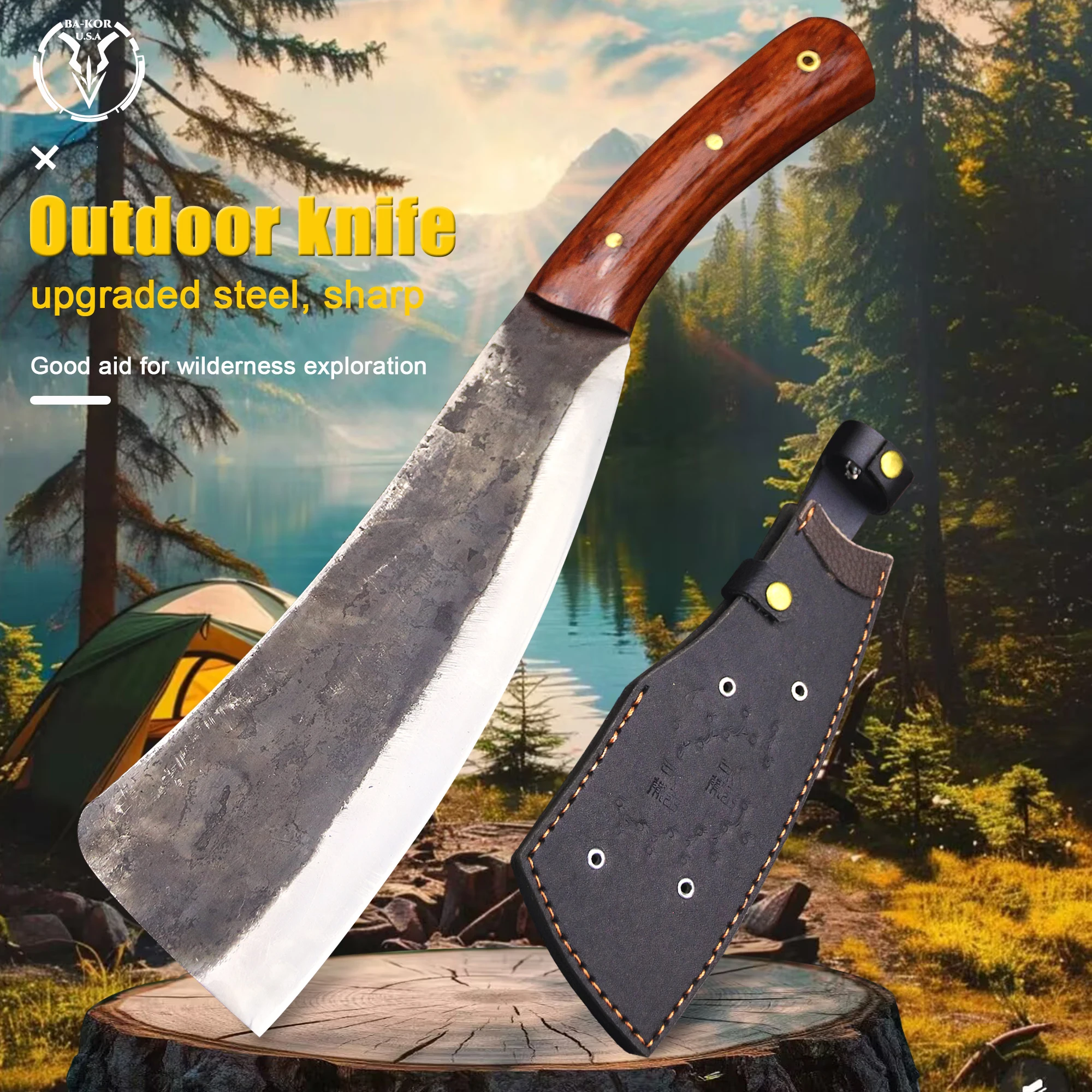 BA-KOR USA Forge all Tang manual 8mm thick multi-purpose firewood knife + sheath, cleaver, tool knife