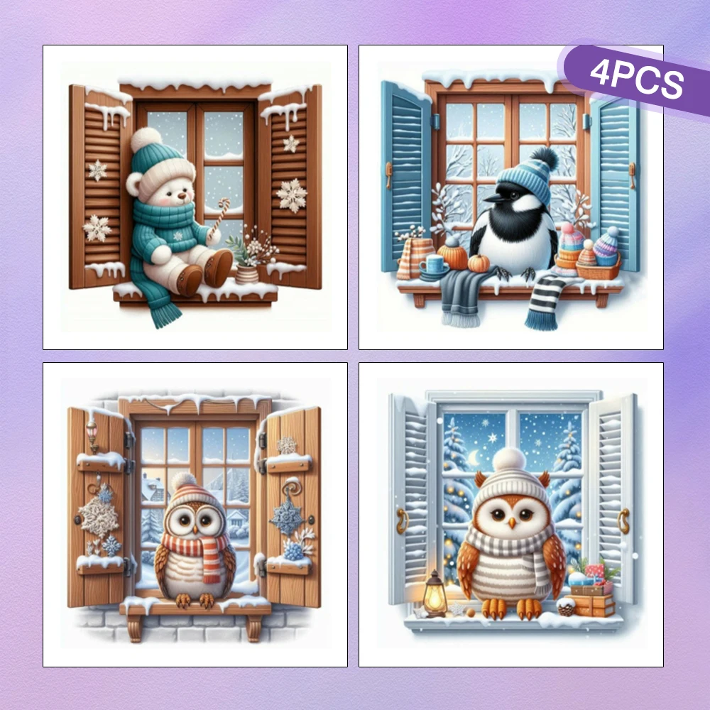 HUACAN 4PCS Diamant Mosaik Kit Winter Tier Diamant Malerei Neue Kollektion Schnee Eule Bär Vogel Volle Runde Bohrer Wohnkultur