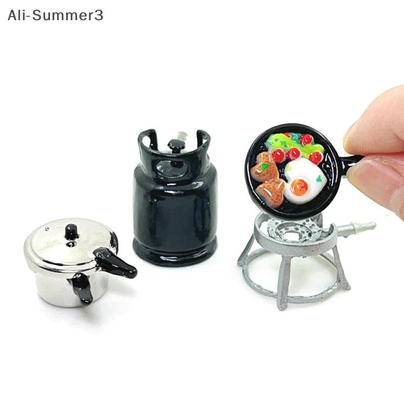 1/12 Dollhouse Kitchenware Set Mini Gas Stove Fried Egg Pressure Cooker Model Dolls House Kitchen Toys Kid Pretend Play Toy