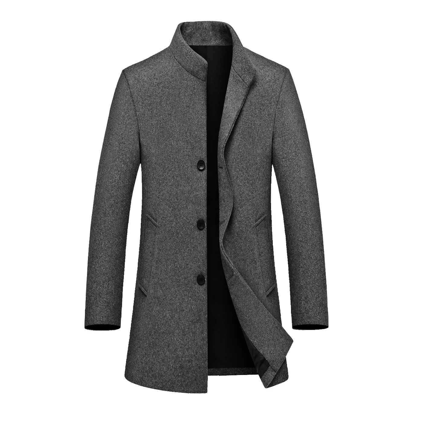 Spring Autumn Mens Casual Wool Trench Blends Coat Business Medium Long Solid Color Fashion Slim Windbreaker Warm Overcoat Jacket