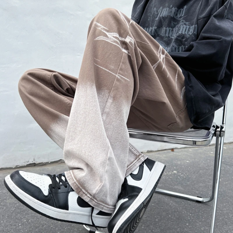 

Широкие джинсы мужские до щиколотки со средней талией градиент цвета вымытые отбеленные винтажные фитнес-хип-хоп американский розовый стиль хипстерские Ins