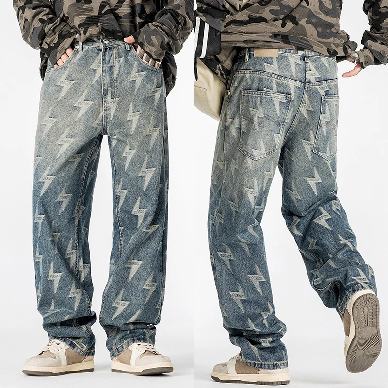 OUSSYU Brand Berkeley Lightning Pattern Baggy Men's Jeans Wide Leg Washed Denim Pants Loose Casual Trousers Men Streetwear Y2k