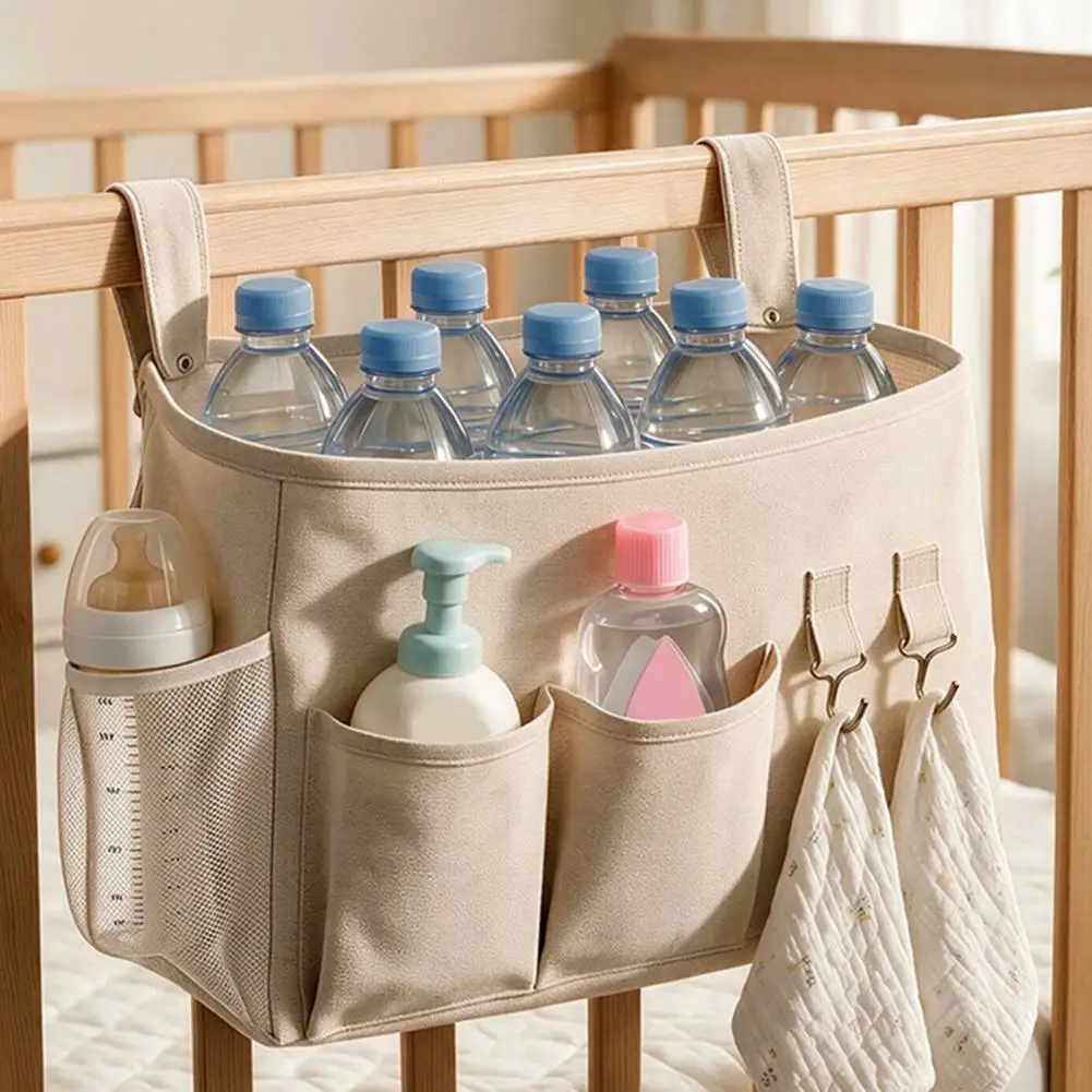 Baby Crib Bedside Organizer, Multi-partition Pockets Hanging Storage Bag Durable Polyester Crib Side Caddy for Diapers And Wipes