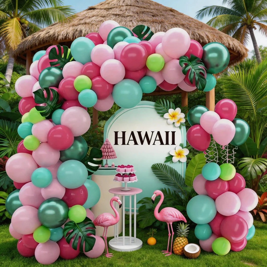 113-teiliges Hawaiianisches Themen-Ballonbogen-Set, Rosenrot, Rosa und Grün Tropische Partydekoration, Sommer Strand Geburtstagsfeier Deko – Detail 3