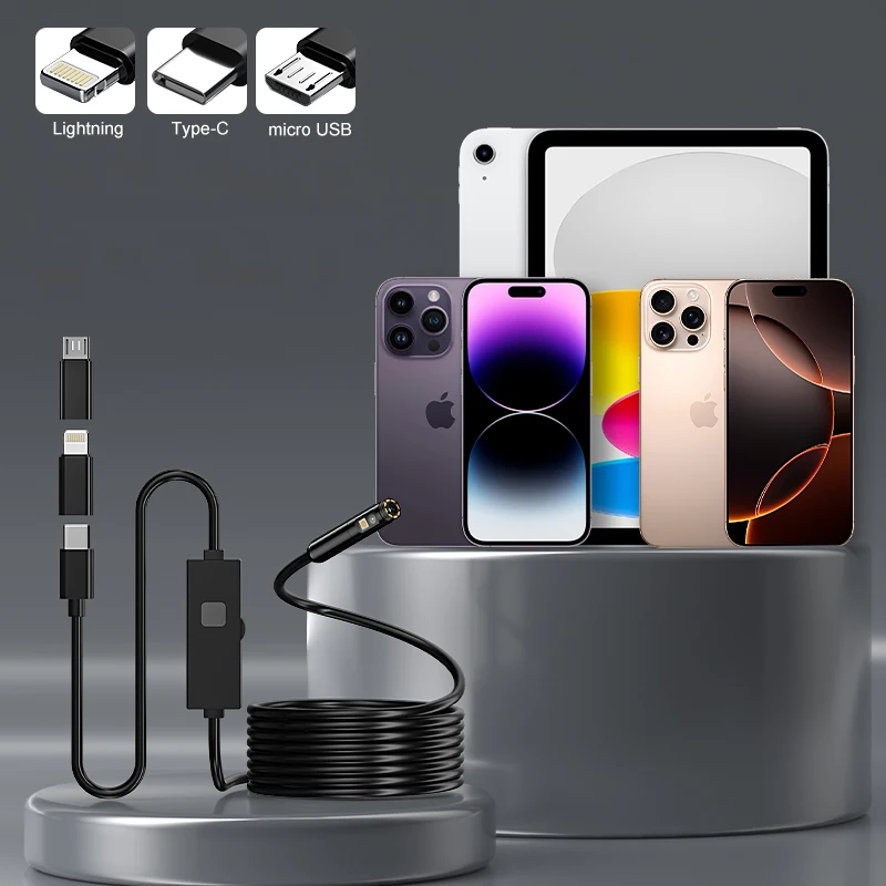 3 in 1 Industrial Endoscope Camera for IPhone/Type-C Phone Connect with Dual 8mm Probe 1080P HD Rigid Cable Borescope for Car