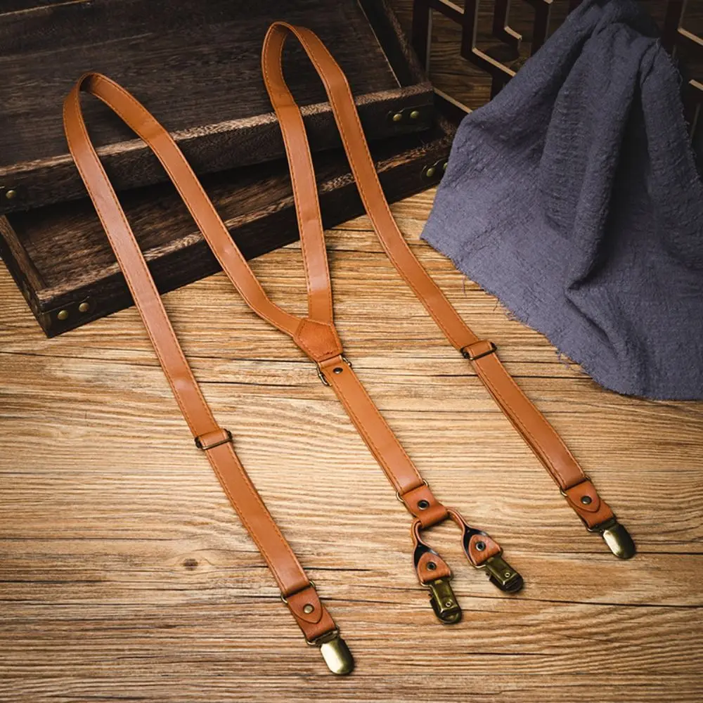 

Fashion Black Suspenders for Men Brown British Style Leather Suspenders Retro Spaghetti Strap Suspender Clip Suit