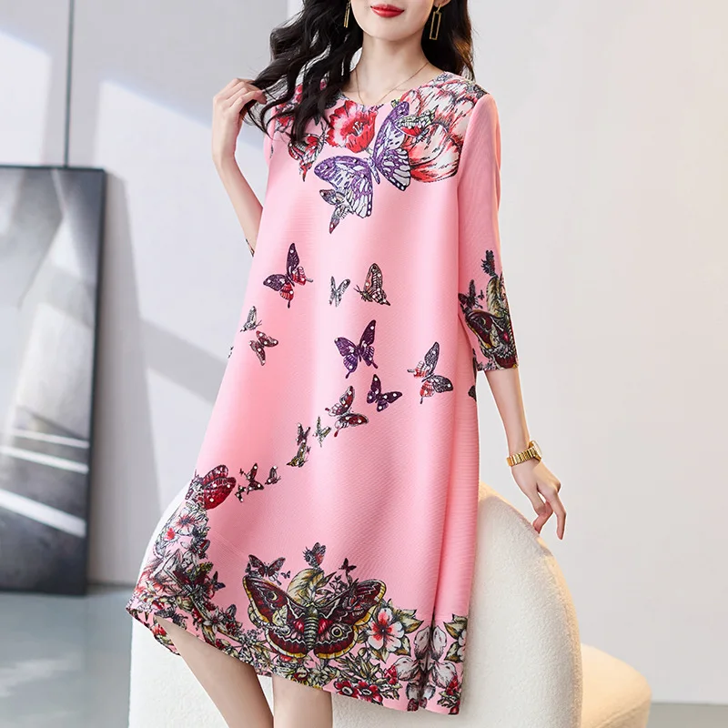 

2024 Spring New Mom's pleated dress with butterfly print and diamond studded loose A-line skirt for women's clothing