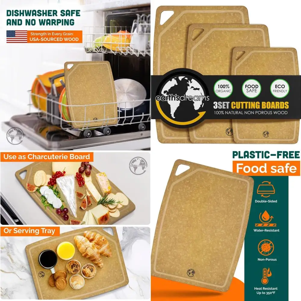 

3-Piece Earth's Dreams Wood Cutting Board Set: Charcuterie Boards - Non-Plastic, Non-Toxic, Heavy Duty, Dishwasher Safe (Tan/Jui