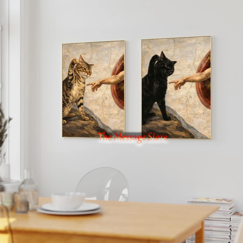 Vintage Classic Painting Gods Hand with Cats Ragdoll Siamese Cow Cat Whimsical Poster Canvas Painting Wall Pictures Home Decor