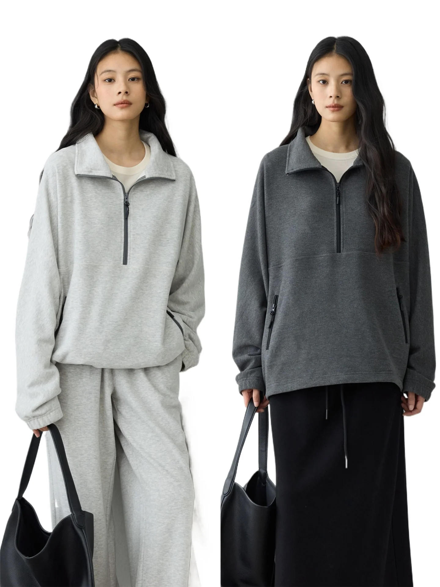 Waxy jiji mochi sweater _ semi-open zipper loose and thin large silhouette two wear drawstring abraded sweater