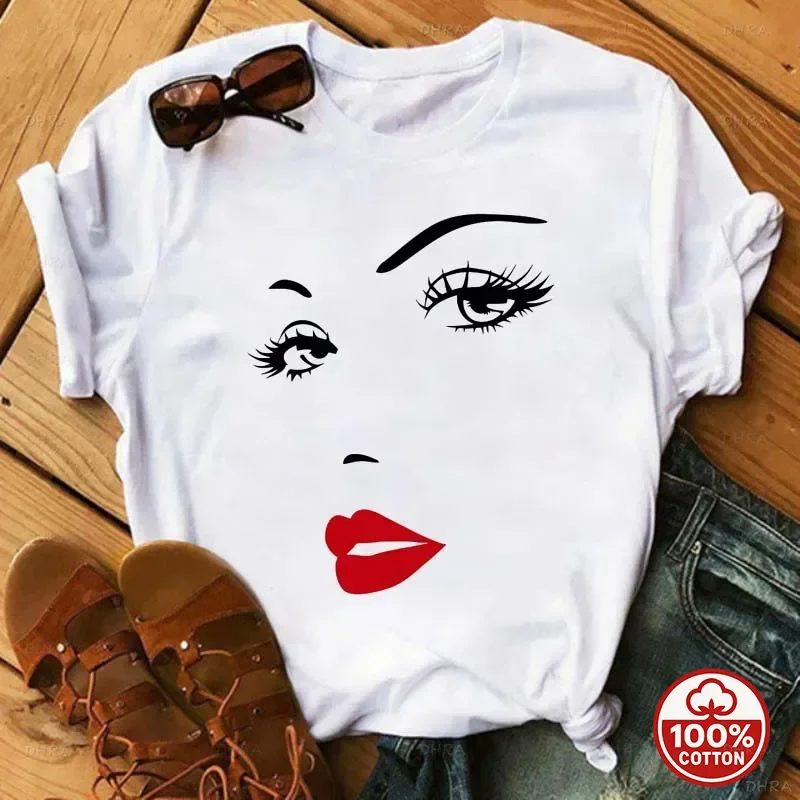 Women Line Art T-Shirt Red Lips Lashes Minimal Graphic Top