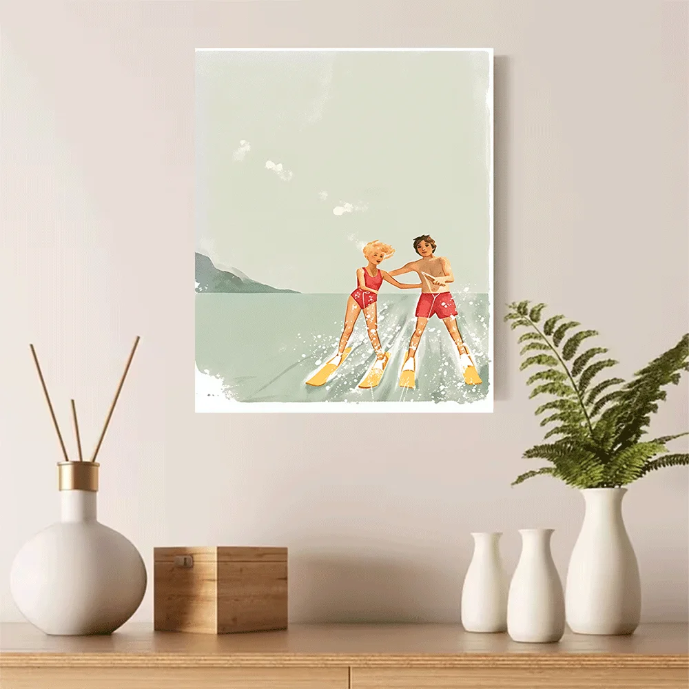 1PC-Canvas poster Unframed  Retro Water Skiing Couple Summer Vibes Art Print  summer